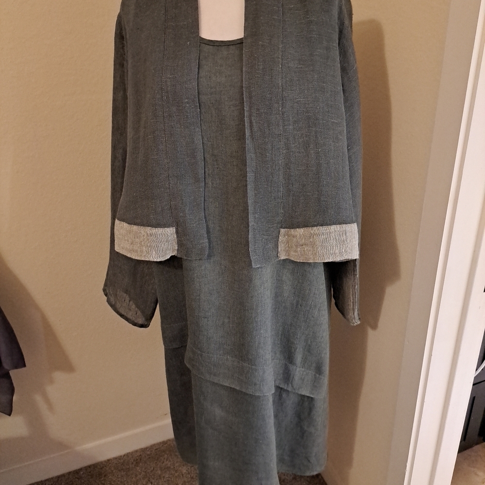 FLAX Linen Dress And Cropped Jacket Military Green Size S EUC